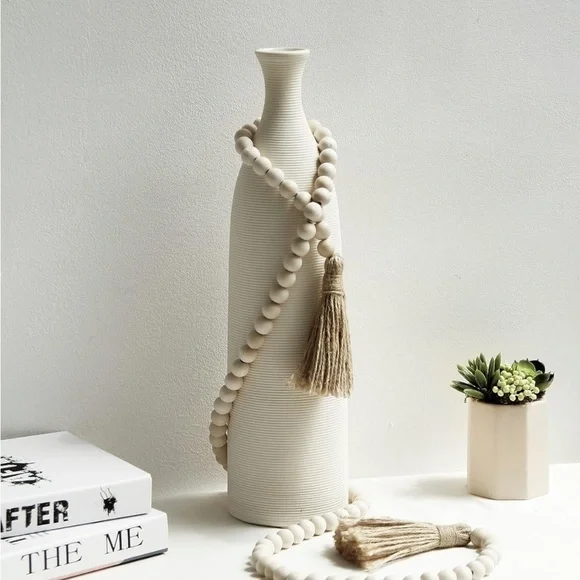 Rustic Boho Farmhouse Cream Wood Beads Tie Tassel Garland Home Table DiningDecor - Picture 1 of 6